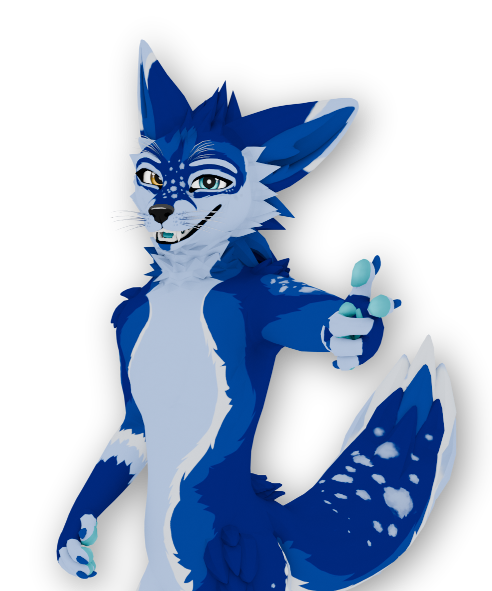 A render of a 3D fox character named Apollo, from twitch.tv/GlacialPrimates